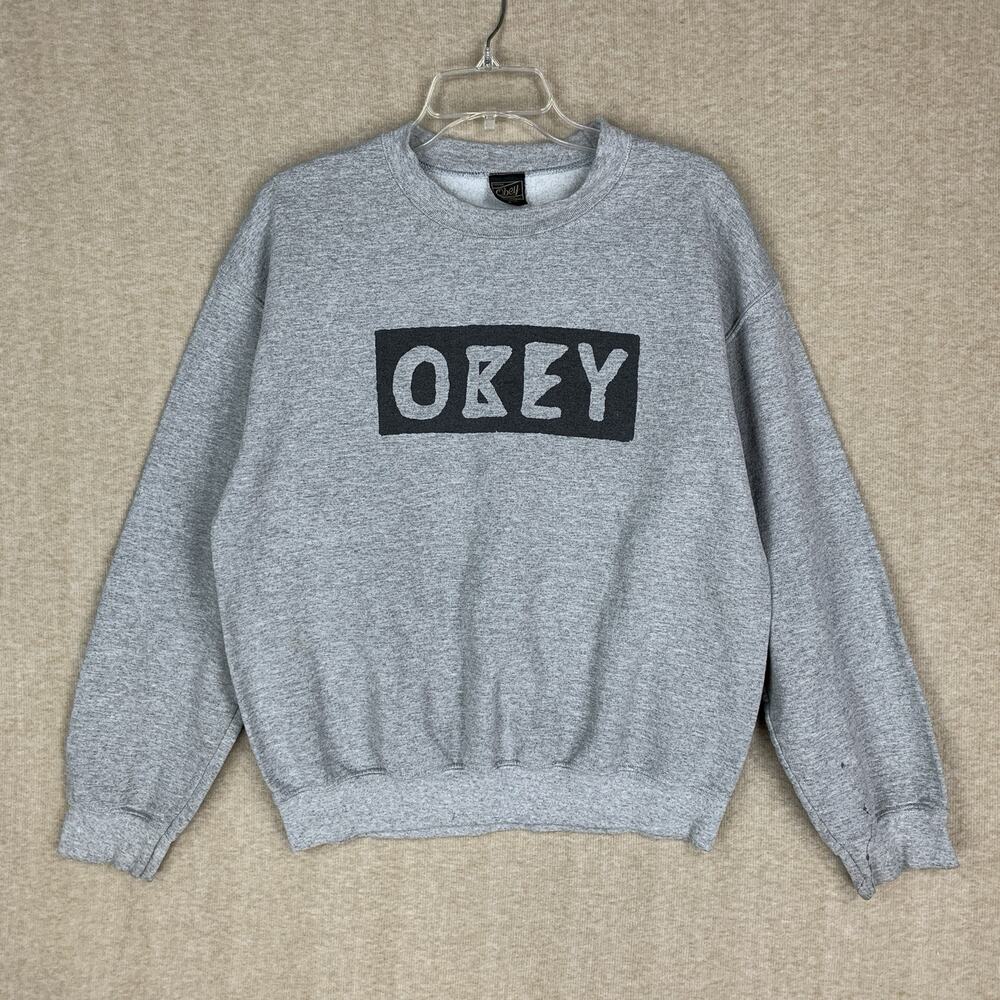 Obey Sweatshirt Mens M Gray Crew Neck Long Sleeve Pullover Spell Logo Skate Y2K